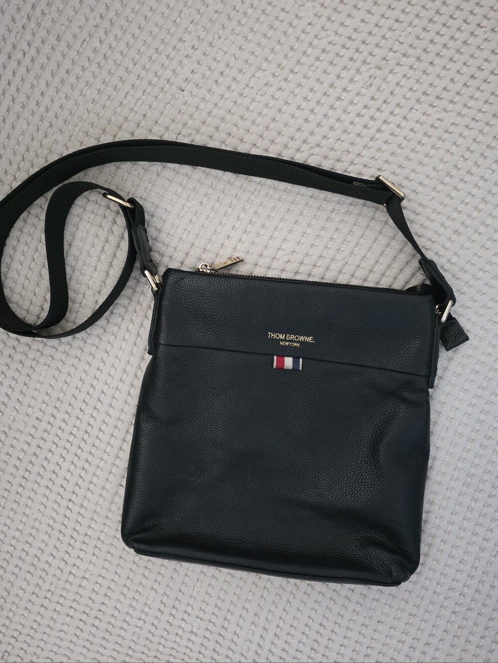 Thom Browne Black Pebbled Leather Messenger with Tricolor Stripe